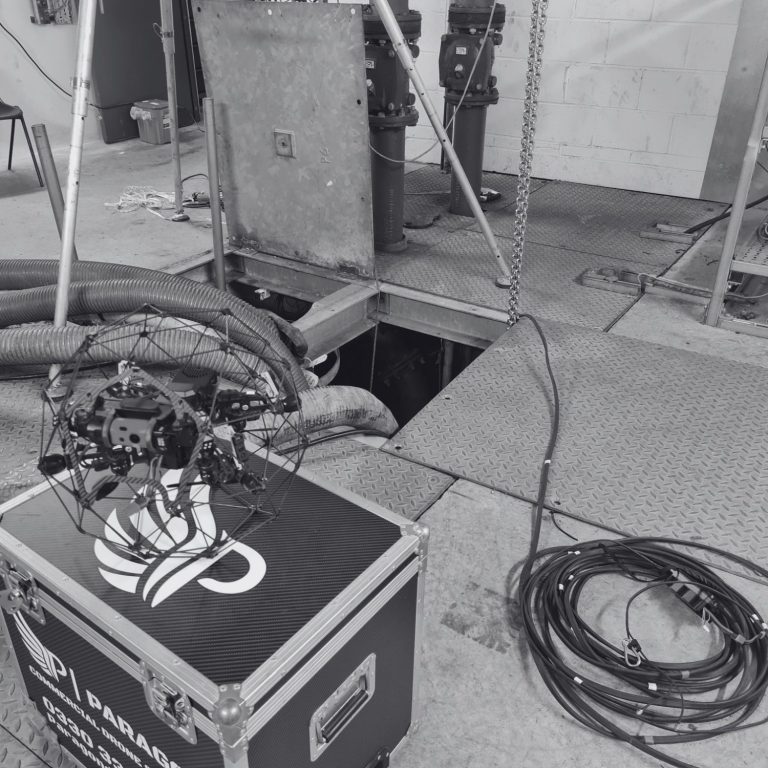 Confined Space Inspections Flyability Elios 2 drone set-up ready to inspect a culvert which flooded beside the eurotunnel.